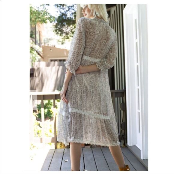 COTTAGE Core  A Shape  Lace Trimmed Dress w/ 3/4 Sleeves - Picture 12 of 16